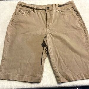 Code Bleu Celie Embroidered Pocket Tan Bermuda Shorts